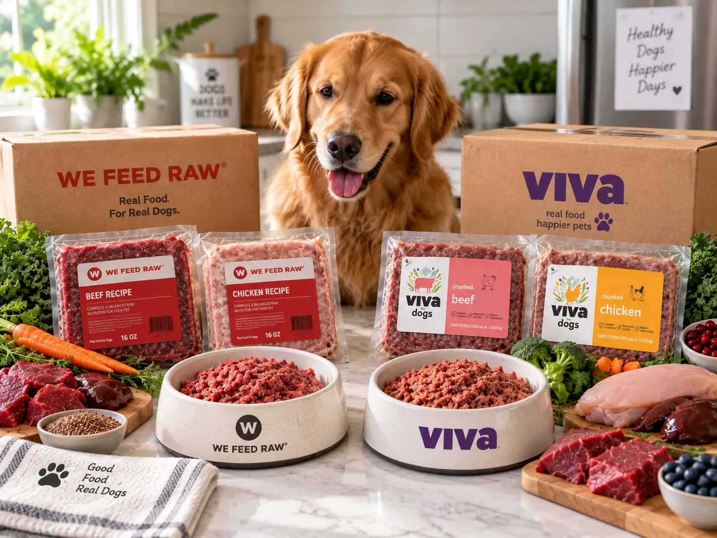 We Feed Raw and Viva Raw dog food packages with raw meals and fresh ingredients in a kitchen setting