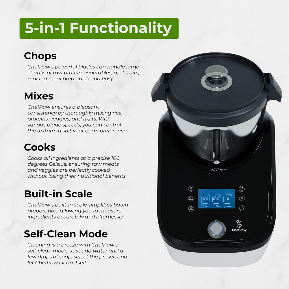 ChefPaw 5-in-1 functions: chops, mixes, cooks, built-in scale and self-clean mode
